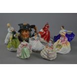 A GROUP OF ROYAL DOULTON FIGURES AND A LIQUEUR CONTAINTER, to include 'Rip Van Winkle' D6463, '