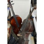 TWO STUDENT CELLOS, missing strings, (one very worn), with a soft sleeve case, longest length
