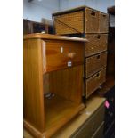 AN IRON AND WICKER CHEST, of five small drawers, a pine bedside and a half moon table (3)
