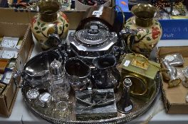A MIXED LOT, to include plated tea service, onyx clock, silver sugar castor, silver topped