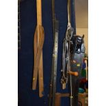 TWO METAL SASH CRAMPS, with extension bars, a wooden spring clamp and seven wood and metal saws (