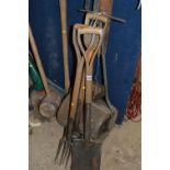 A UREEDA VINTAGE IRON GARDEN ROLLER, a large wooden mallet, pick axe, two garden forks and a spade