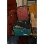 THREE VINTAGE JERRY CANS, a tray of cast iron beam clamps and a set of wooden ladders