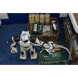 A BOX OF WHISKY TINS (EMPTY) boxed tankard, robot and robo dinosaur, Scrabble, etc