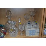 A LARGE ROYAL BRIERLEY CUT GLASS DECANTER, four Royal Brierley cut tumbler glasses (with a box), two