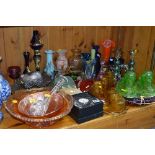 A GROUP OF GLASSWARES ETC, to include Carnival glass, a timepiece, pair Krosno glass candlesticks,