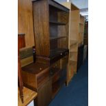 A MID CENTURY TOLA AND BLACK BOOKCASE, and a modern bookcase