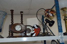 TWO DECO STYLE TABLE LAMPS, one shaped as butterfly, together with two mantel clocks, pair barley