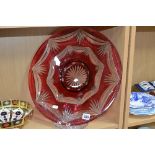 A LARGE ROYAL BRIERLEY RUBY FLASHED LOW BOWL, on a glass plate stand, diameter approximately 41.5cm