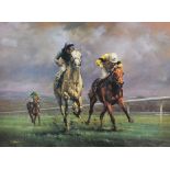 A LIMITED EDITION PRINT OF HORSES RACING, indistinctly signed, mounted and framed, 70cm x 56cm