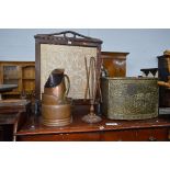 A MAHOGANY FIRESCREEN, a Victorian bamboo occasional table, a brass log box, two copper buckets,