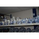 A LARGE QUANTITY BLUE AND WHITE CERAMICS, storage jars, vases etc