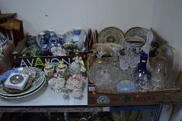 THREE BOXES AND LOOSE CERAMICS, GLASS, etc, to include Dresden lacework, figures (mostly damaged),