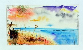MIKE THOMAS MUNROE 'DIG YOU VARMINTS', a watercolour and mixed media painting of a beach scene,