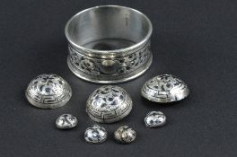 THREE LARGE NIELLO RUSSIAN SILVER BUTTONS, four Niello silver small buttons and a Niello Russian