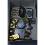 A BOX OF MISCELLANEOUS, to include miniature clocks, watches, boxes, etc