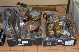 TWO BOXES AND LOOSE PLATED WARES, etc, to include copper kettles, trays, tea services, etc
