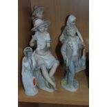 FIVE NAO FIGURES/GROUPS, Bride & Groom, boy with bag on shoulder, seated girl feeding Rooster,