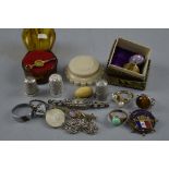 A BAG OF MIXED ITEMS, to include three silver thimbles, brooches, key, etc