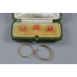 A VICTORIAN CASED SET OF THREE CORAL AND SEED PEARL DRESS STUDS, floral design, yellow gold