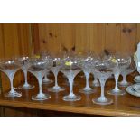 A SET OF EIGHT ROSENTHAL STUDIO LINE SNOW FLOWER CHAMPAGNE GLASSES, acid etched with makers mark,