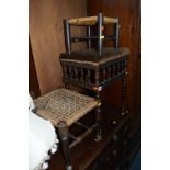 AN EDWARDIAN PIANO STOOL, and two strung seated stools (3)