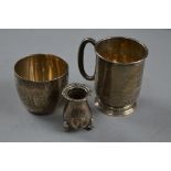 A SILVER CHRISTENING MUG, silver bowl and condiment, approximate weight 128 grams