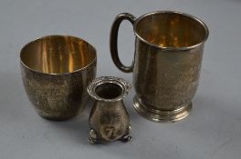A SILVER CHRISTENING MUG, silver bowl and condiment, approximate weight 128 grams
