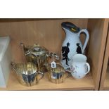 A THREE PIECE SILVER PLATED TEASERVICE, together with large J.R.Boote 1847 water jug decorated