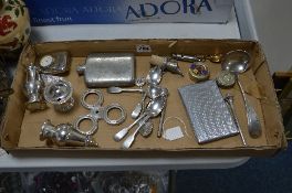 A BOX OF MISCELLANEOUS SILVER PLATE etc