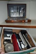 A BOX OF MISCELLANEOUS WATCHES AND FLATWARE