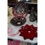 A WALTHERGLAS STAR SHAPED RED GLASS DISH, diameter approximately 33cm, a nailsea pipe (reglued)
