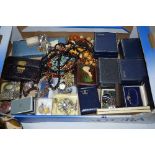 A BOX OF MISCELLANEOUS COSTUME JEWELLERY, to include watches, beads, brooches, etc