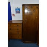 AN OAK HALL ROBE, and a chest of four long drawers (key)