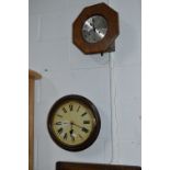AN OAK CIRCULAR WALL CLOCK, and another wall clock (2) (winding key and two pendulums)