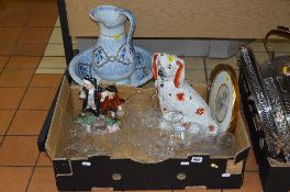 VARIOUS GLASS AND CERAMICS, to include seated Spaniel, drunken figure group, cut/etched glassware,