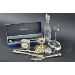 A MIXED BOX OF SILVER, including dwarf candlesticks, knives, condiments etc