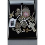 A TRAY OF MIXED SILVER CROSSES, and other costume jewellery, etc