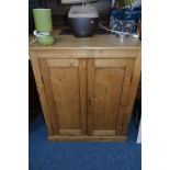 AN EARLY 20TH CENTURY PINE PANELLED TWO DOOR CUPBOARD, approximate size width 97cm x height 14cm x