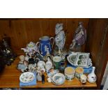 A LARGE GROUP OF CERAMICS AND GLASS ORNAMENTS, TRINKETS ETC, to include pair continental figures