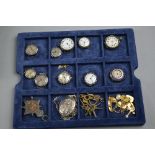 A TRAY OF MIXED SILVER FOB WATCHES, keys, etc