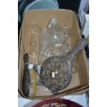 FIVE SILVER/SILVER BACKED DRESSING TABLE ITEMS, and glass dressing table set and tray