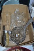 FIVE SILVER/SILVER BACKED DRESSING TABLE ITEMS, and glass dressing table set and tray