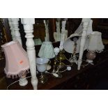 EIGHT TABLE LAMPS, including a converted brass parafin lamp