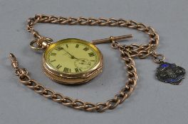 A ELGIN GOLD PLATED POCKET WATCH, on a rolled gold chain and silver fob