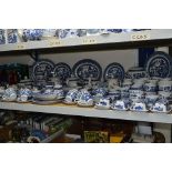 A QUANTITY BLUE AND WHITE CHURCHILL TEA/DINNERWARES, mainly Willow pattern, different backstamps