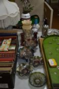 VARIOUS COLOURED GLASS, OIL LAMP, etc , to include five pieces Carnival glass, cream lustre, etc (