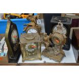FIVE VARIOUS MANTEL CLOCKS, (two pendulums and two keys)