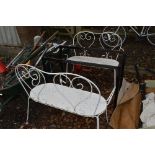 TWO WHITE METAL GARDEN BENCHES, and table frame (3)