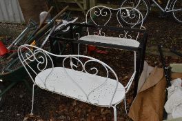 TWO WHITE METAL GARDEN BENCHES, and table frame (3)